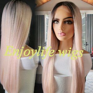 Long Celebrity Rose Gold Pink Black Root h.d lace wig